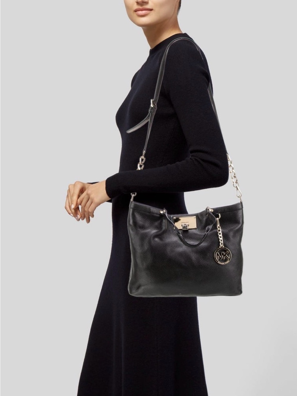 Michael Kors Black Pebbled Leather Shoulder Bag with Gold Hardware